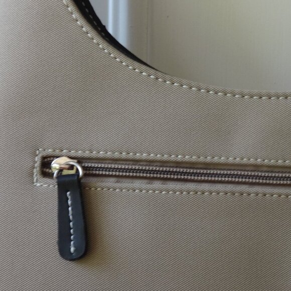 BPI Creations shoulder bag , tan canvas, black faux leather trim, top zip, NWT, - Picture 11 of 16